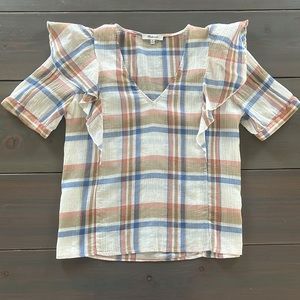 Madewell V-Neck Shoulder-Ruffle Plaid Top Size M